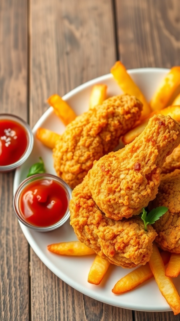 Crispy fried chicken with golden chips on a plate, served with ketchup.